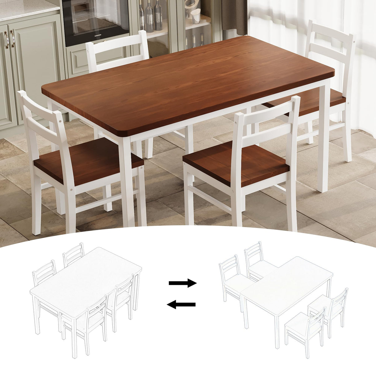Orweiin Solid Wood Dining Table Set for 4, Farmhouse Rectangular Table and 4 Chairs Set for Kitchen, Living Room, Dining Room, Breakfast Nook, Natural+White Orweiin