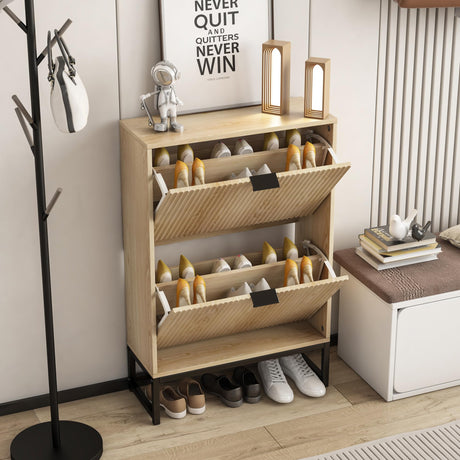 Lisicues Shoe Cabinet Storage for Entryway, Modern Slim Shoe Organizer, Tipping Shoe Cabinet with 2 Flip Drawers Fluted Panel, Narrow Shoe Rack for Living Room (Wood) Lisicues