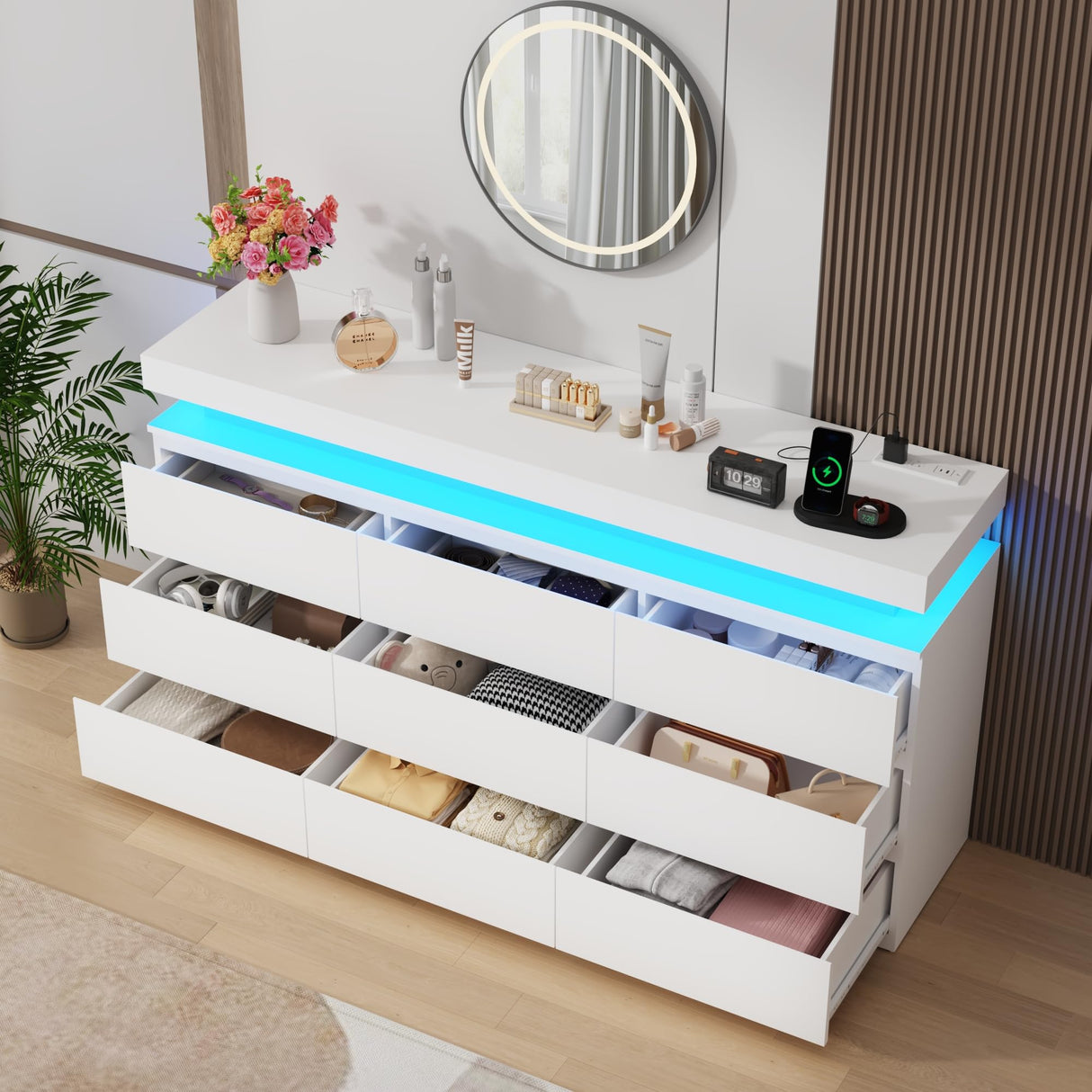 St.Mandyu 9 Drawer Dresser with Power Outlet, 63" Wide Dresser with LED Light, Modern Chest of Drawers for Closet, Double Drawer Organizer Cabinet for Bedroom, Living Room, White St.Mandyu
