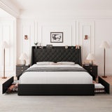Feonase Upholstered King Size Bed Frame with 4 Storage Drawers, Large Wingback Headboard, No Box Spring Needed, Black Feonase