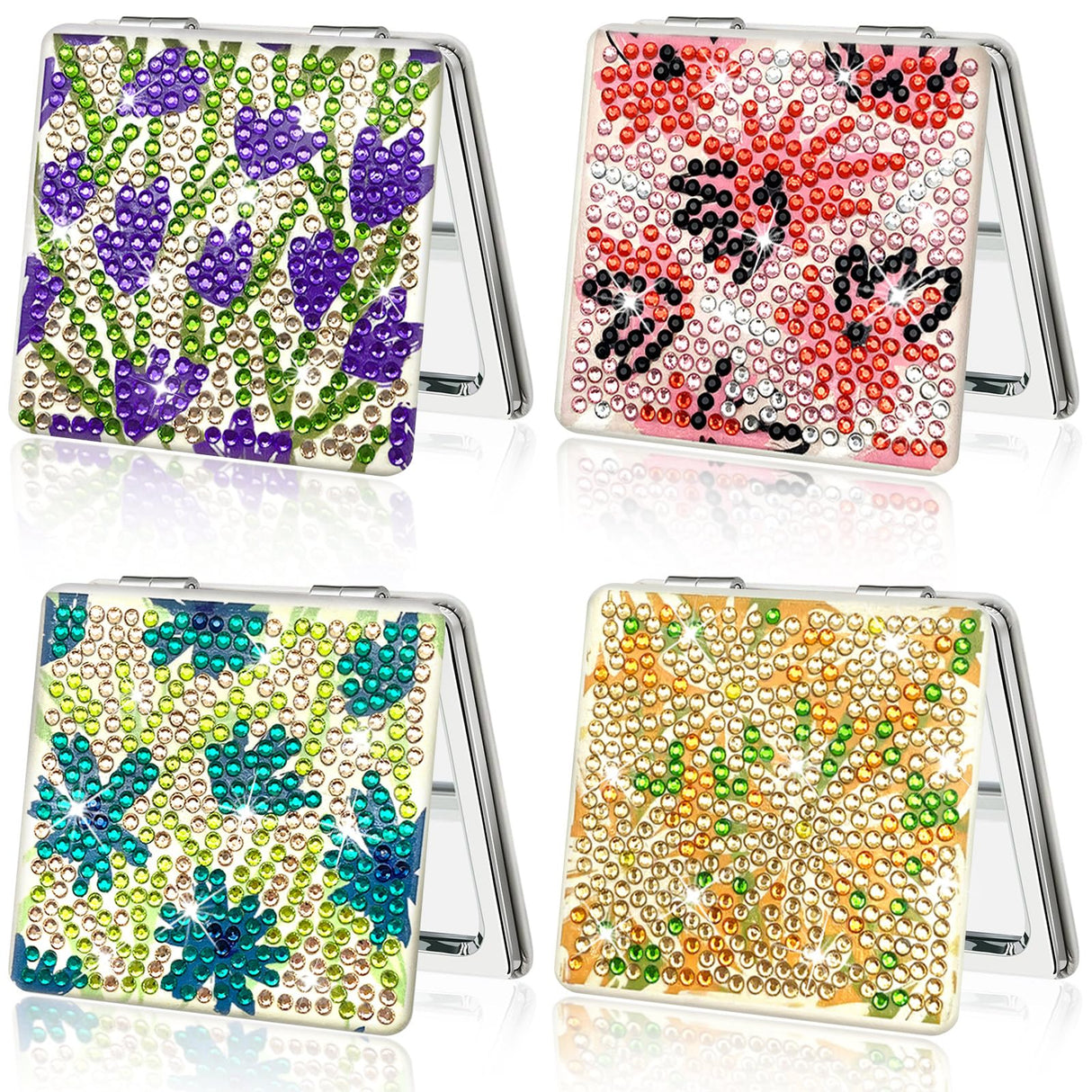 FILASLFT Diamond Art Mirror, 4 Pcs Diamond Painting Mirror, Flower Diamond Painting Compact Mirror, Portable Magnifying Folding Purse Mirror FILASLFT