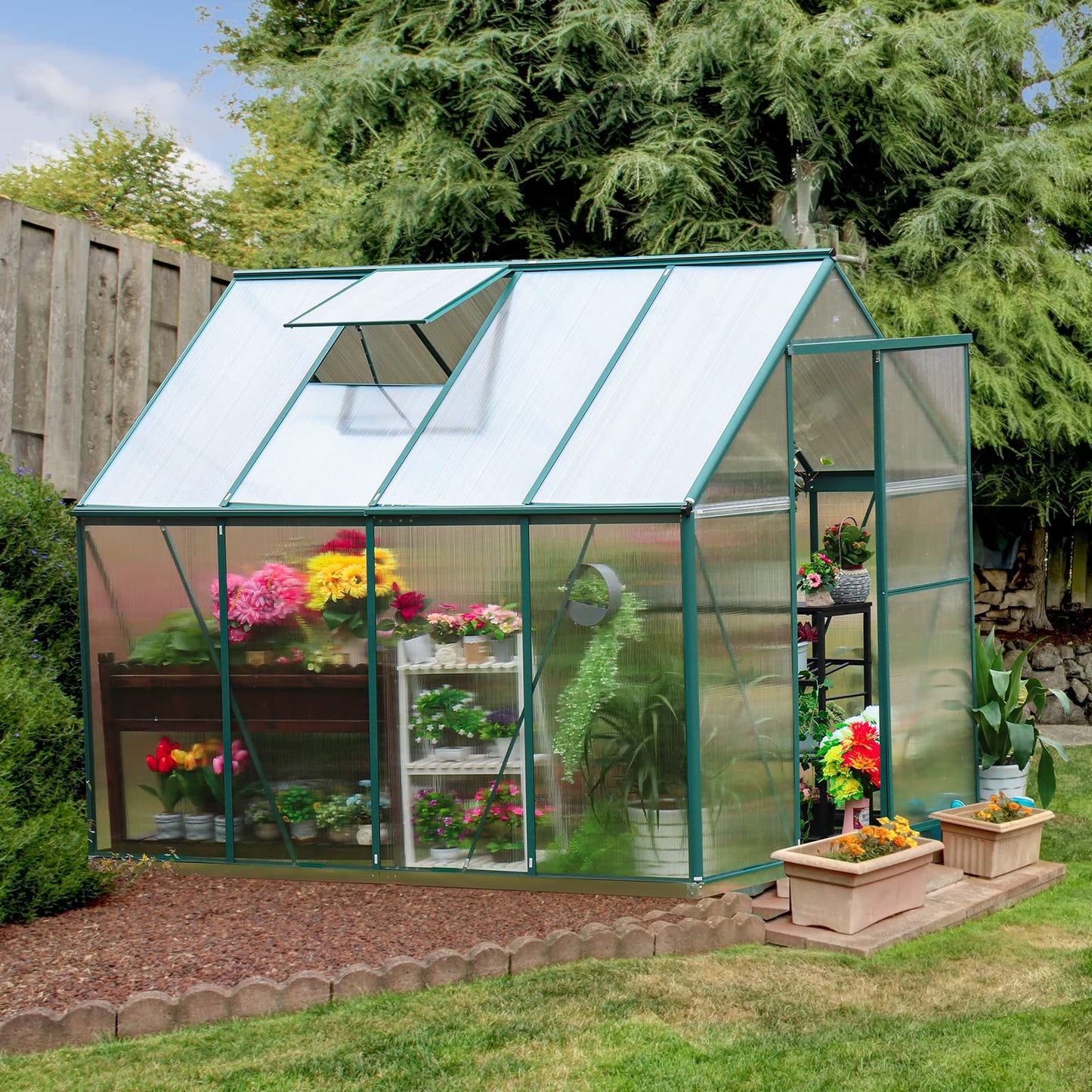 WACASA 8x6 FT Polycarbonate Greenhouse Kit for Outdoors ,Heavy Duty Aluminum Walk-in Greenhouse with Swing Door,Rain Gutter and Ventilation Window,Green House for Sunroom,Garden,Backyard - WoodArtSupply