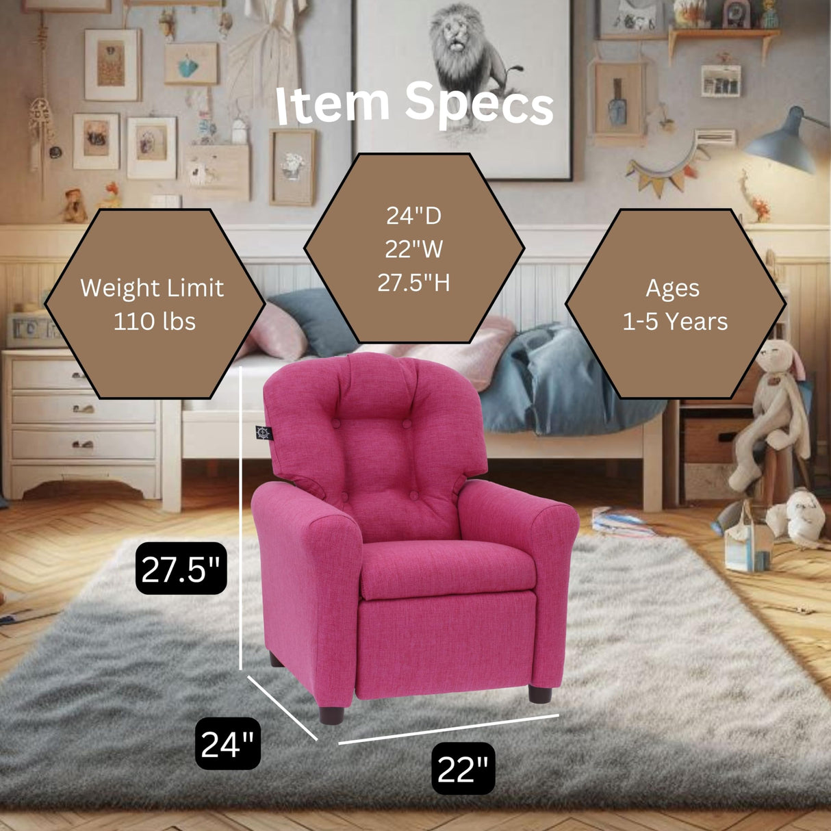 The Crew Furniture Traditional Kids Recliner, Toddler Ages 1-5 Years, Home Décor Polyester Linen, Magenta The Crew Furniture