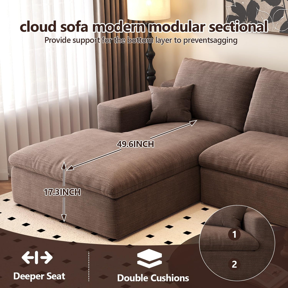 107'' L-Shaped Modern Modular Sectional Cloud Couch, 4-Seat Chenille Deep-Seat Sofa with Pillow for Living Room, Bedroom, Apartment, Camel YUODL