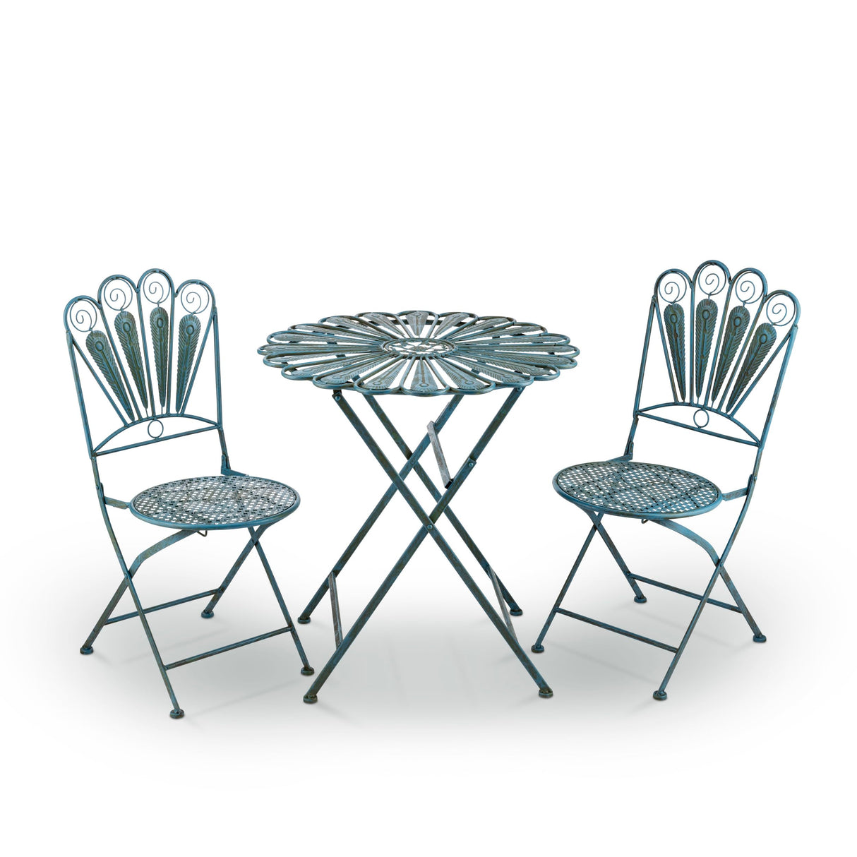 Alpine Corporation Indoor/Outdoor 3-Piece Peacock Feather Rustic Metal Bistro Set Patio Seating, Light Blue Alpine Corporation