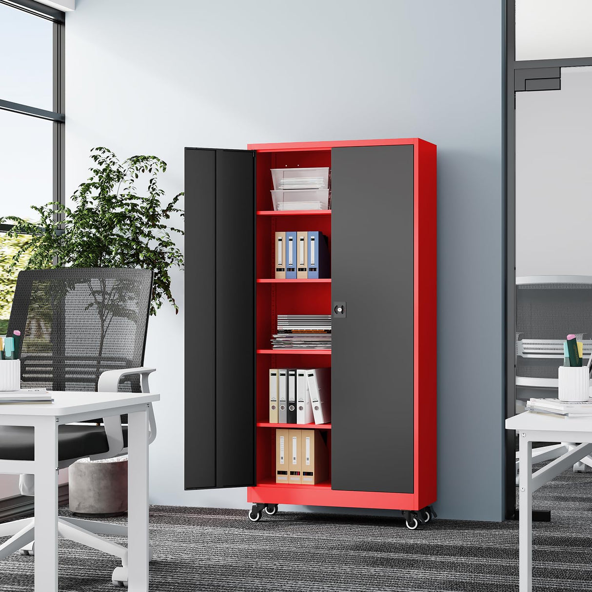 Fesbos Metal Rolling Storage Cabinet-74.6” Tall Steel File Cabinets with Wheels Lockable Doors and Adjustable Shelves-Black & Red Steel Storage Cabinet for Home, School, Office, Garage Fesbos