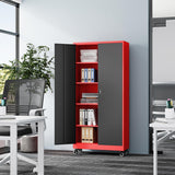 Fesbos Metal Rolling Storage Cabinet-74.6” Tall Steel File Cabinets with Wheels Lockable Doors and Adjustable Shelves-Black & Red Steel Storage Cabinet for Home, School, Office, Garage Fesbos