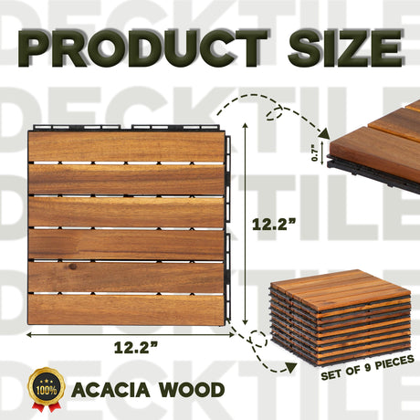 VICTORY RELAX Acacia Wood Flooring Interlocking Deck Tiles for Patio Decor 9 Pcs 6 Slats VR Natural - Waterproof Indoor & Outdoor Decor - Balcony Garden Decking Tile (12.24 * 12.24 * 0.75 inches) VICTORY RELAX