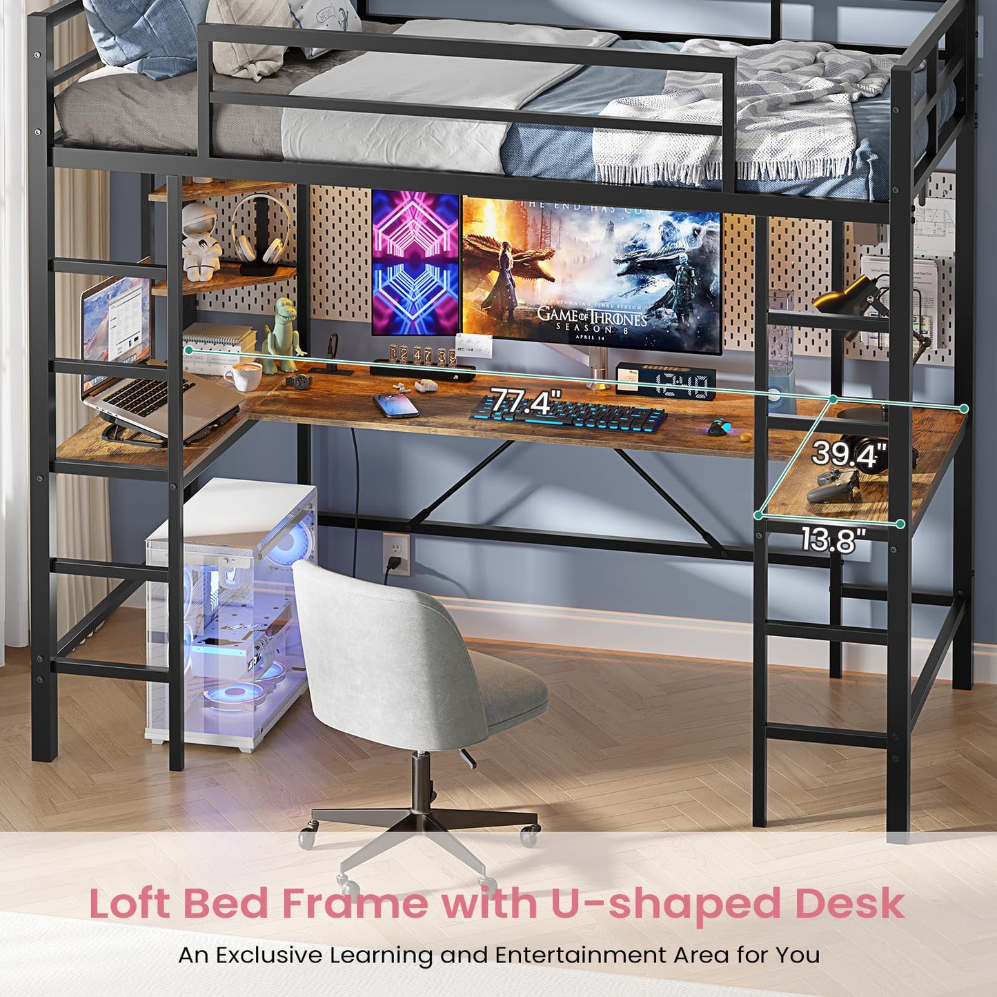 Hasuit Loft Bed with U-Shaped Desk, Charging Station &LED Lights, Metal LED Twin Loft Bed with Open Storage Shelves, Safety Guardrail & Double Ladder,No Box Spring Needed, Black Twin Size Loft Bed