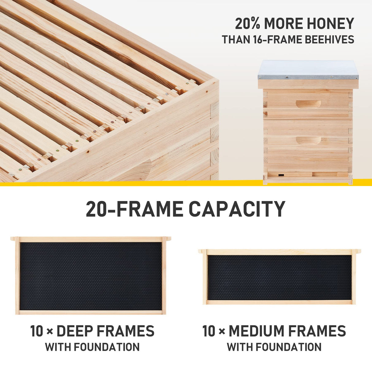 CREWORKS Bee Hive Boxes 10 Frame Langstroth Beehive, Bee Keeping Starter Kit Includes 1 Super Bee Box & 1 Bee Brood Box with Beehive Frames and Foundation, 2 Layers Complete Bee Hive Kit CREWORKS