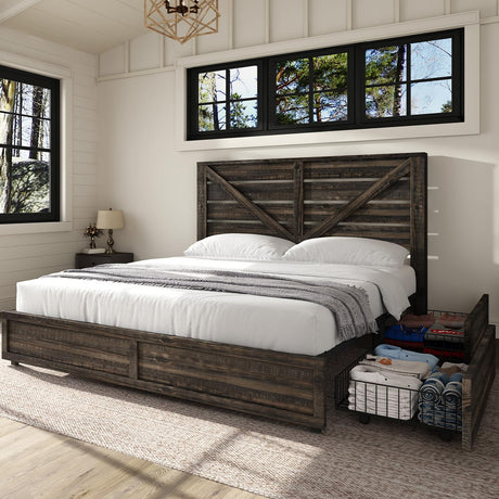 AMERLIFE Queen Size Farmhouse Bed Frame with 4 Drawers, Wooden Storage Bed Frame with Headboard and Heavy Duty Metal Slats, Noisy Free, Easy Assemble, Rustic Black AMERLIFE