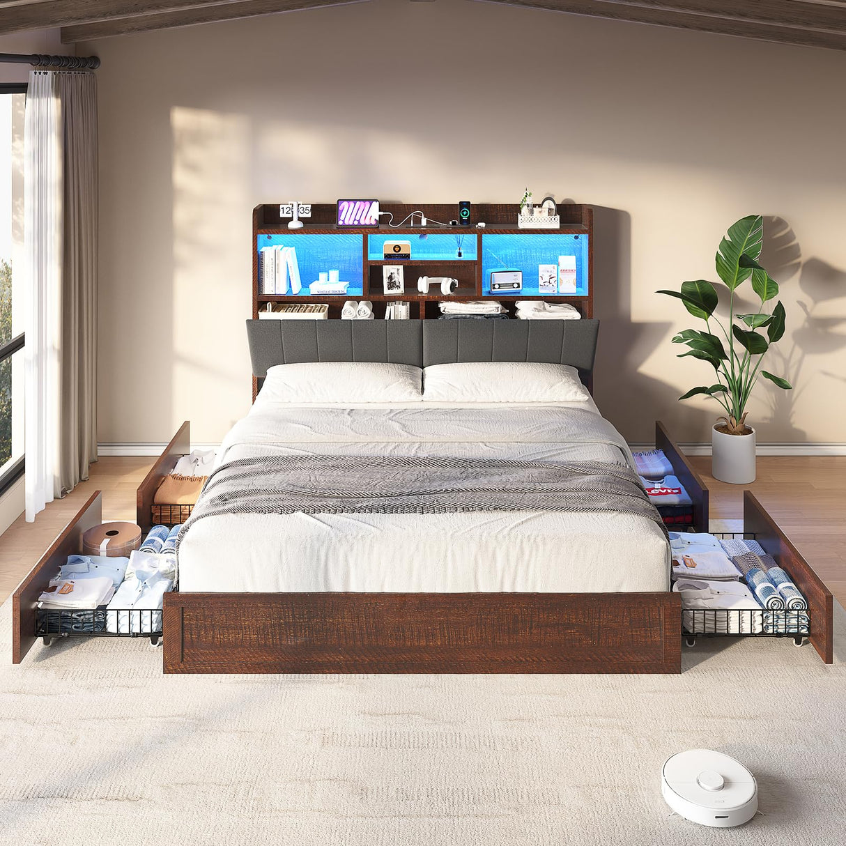 LUXOAK Full Farmhouse Bed Frame with Bookcase Headboard and 4 Drawers, LED Storage Bed with Charging Station & Linen Upholstered, No Box Spring Needed, Reclaimed Barnwood LUXOAK