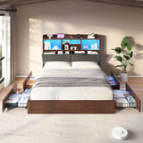 LUXOAK Full Farmhouse Bed Frame with Bookcase Headboard and 4 Drawers, LED Storage Bed with Charging Station & Linen Upholstered, No Box Spring Needed, Reclaimed Barnwood LUXOAK