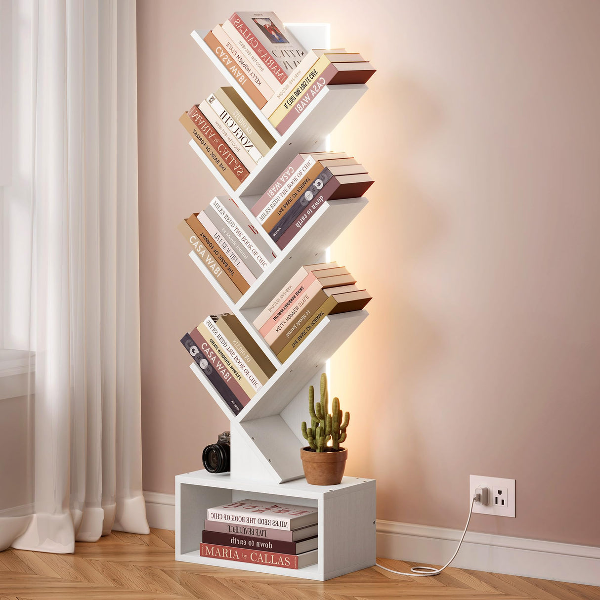 Hoctieon 6 Tier Tree Bookshelf, Tall Bookcase with Drawer, Freestanding Book Shelf with LED Lights, Display Floor Standing Storage Shelf, Book Organizer Shelves for Home Office, Living Room, White Hoctieon