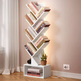 Hoctieon 6 Tier Tree Bookshelf, Tall Bookcase with Drawer, Freestanding Book Shelf with LED Lights, Display Floor Standing Storage Shelf, Book Organizer Shelves for Home Office, Living Room, White Hoctieon
