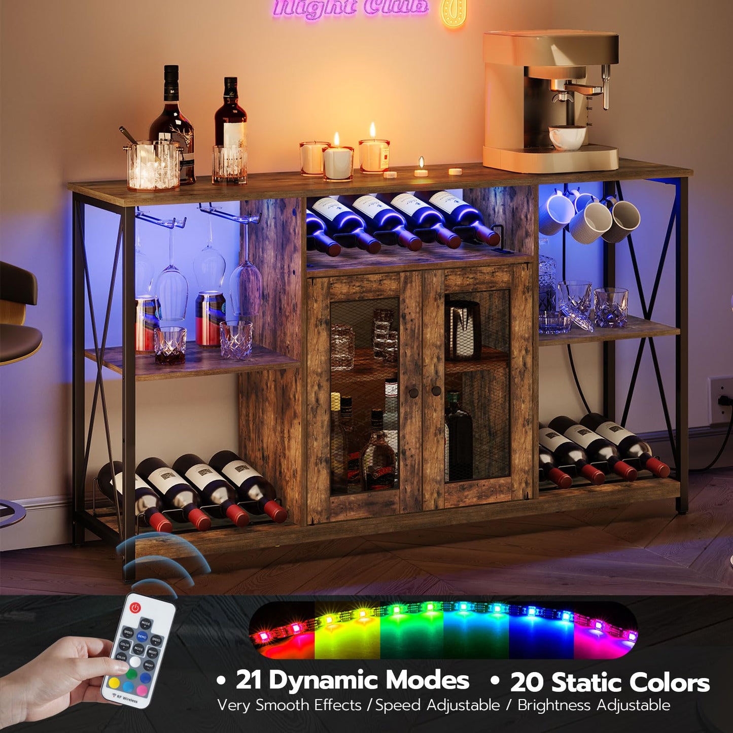 HOOBRO Wine Bar Cabinet with Led Lights and Power Outlets, Coffee Bar Cabinet for Glasses, Sideboard Buffet Cabinet, Liquor Cabinet for Dining, Living Room, Bar, Rustic Brown and Black BF13UDJG01