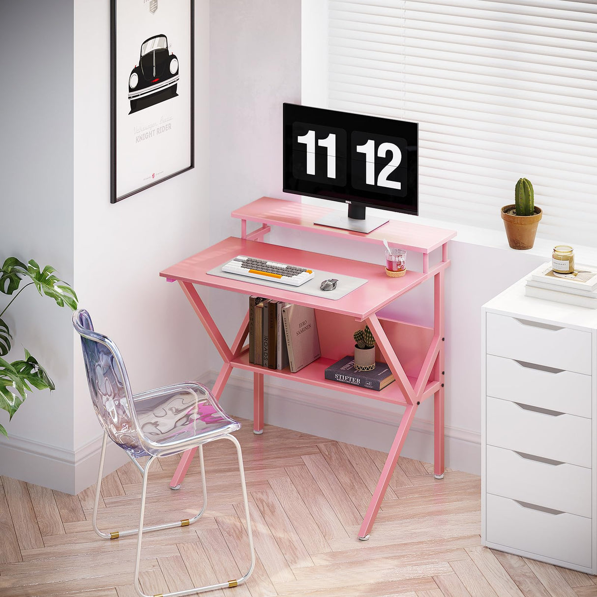 ODK Small Desk, 27.5 Inch Small Computer Desk for Small Spaces, Compact Desk with Storage, Tiny Desk Study Desk with Monitor Stand for Home Office, Pink ODK