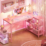 Huuger L Shaped Desk, 47 Inches Computer Desk with Reversible Storage Shelves, Gaming Desk, Corner Desk Home Office Desks, Writing Desk Study Desk with Metal Frame, Pink Huuger