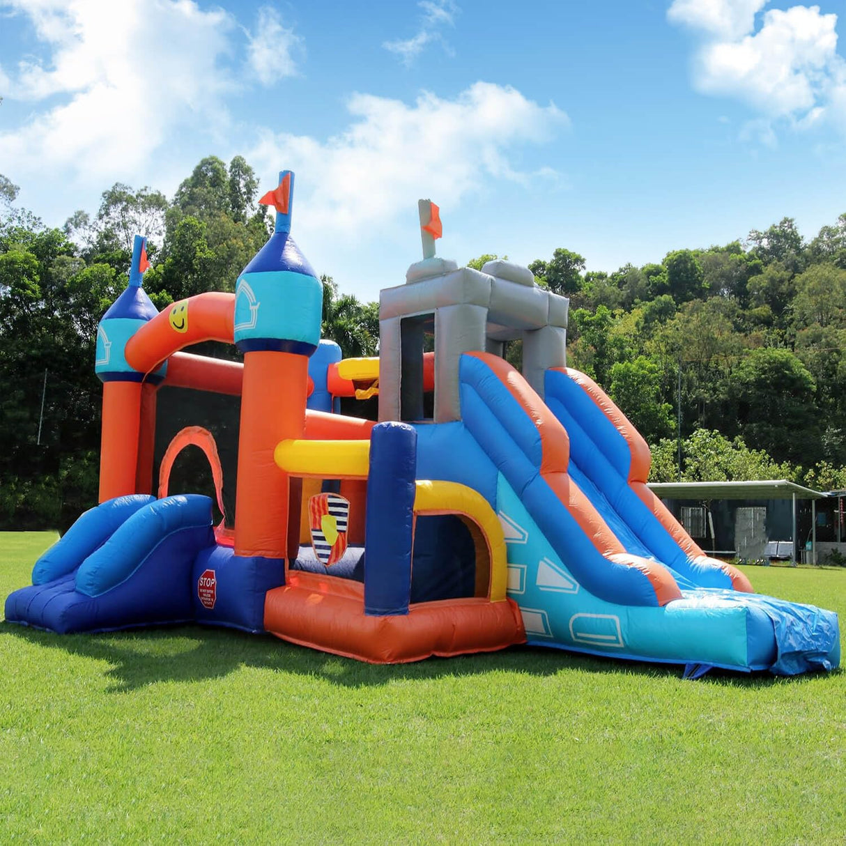 16FT Commercial Bounce House for Kids 5-12 Large with 1100W Blower,100% PVC Kids Inflatable Bounce House with 2 Slides, Ball Pit, Large Jumping Area Obstacle Course Bounce House 16x12x10ft Inflantteble