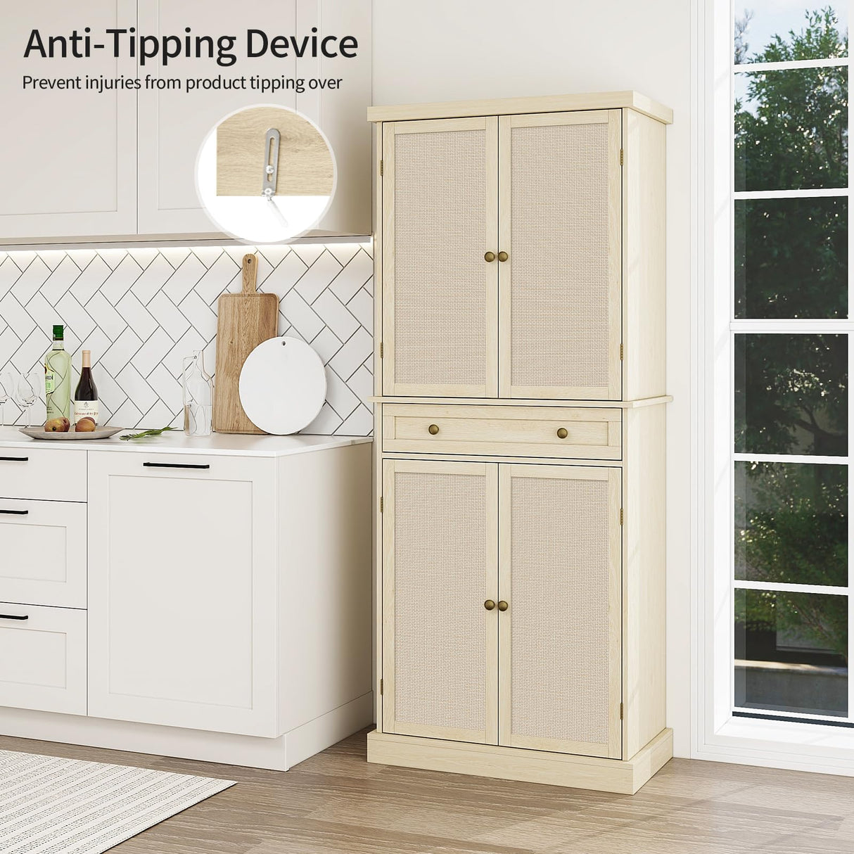 YHAOWORKS Kitchen Pantry Storage Cabinet - Rattan 4 Doors 1 Drawer Tall Cabinet with Adjustable Shelf and 6 Shelves, 72'' Freestanding Cupboard for Living Room, Dining Room, Bathroom (Natural) YHAOWORKS