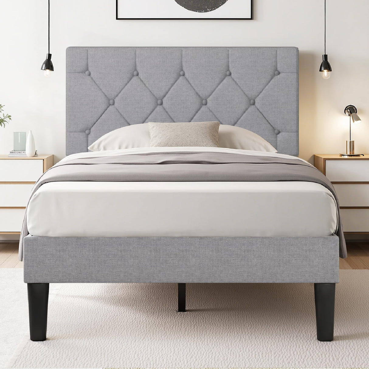 VECELO Twin Bed Frame with Button Tufted Headboard, Upholstered Platform with Wooden Slat Support, No Box Spring Needed, Grey VECELO