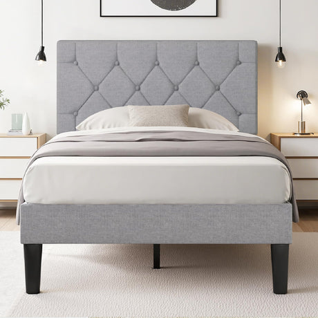 VECELO Twin Bed Frame with Button Tufted Headboard, Upholstered Platform with Wooden Slat Support, No Box Spring Needed, Grey VECELO