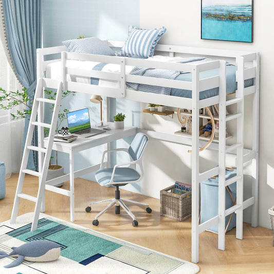 Giantex White Twin Size Loft Bed with Desk, Solid Wood Frame, Dual Ladders & Full-Length Guardrail - WoodArtSupply