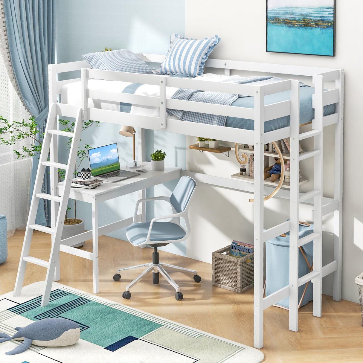 Giantex Twin Size Loft Bed with Desk, Solid Wood Loft Bed with 2 Ladders & Full Length Guardrail, Modern Space-saving Twin Bed Frame for Kids Teens Adults, No Box Spring Needed (White) Giantex