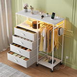 Seeday Fabric Dresser with Clothes Rack, 4 Drawers Dresser for Bedroom with Charging Station and LED Lights, Chest of Drawers with Wheels, Steel Frame, Wood Top, for Bedroom, Closet, White Seeday