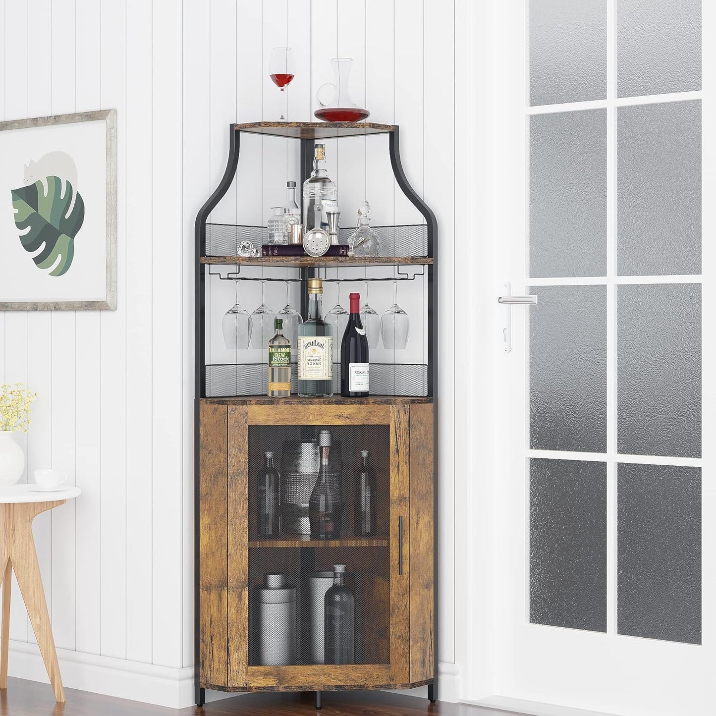 GAOMON Corner Wine Cabinet with Removable Wine Rack, Wine Cabinet and Wine Glass Bar Cabinet with Glass Rack and Mesh Door, Wine Cabinet with Reasonable Functional Partitioning (Retro Brown)