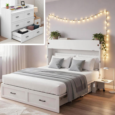 Kikihouse Murphy Bed with Motion Sensor Lights, Full Size Murphy Cabinet Bed Hideaway Bed with Storage & Charging Station for Bedroom/Guest Room/Office, Foldable Platform Bed Frame, White
