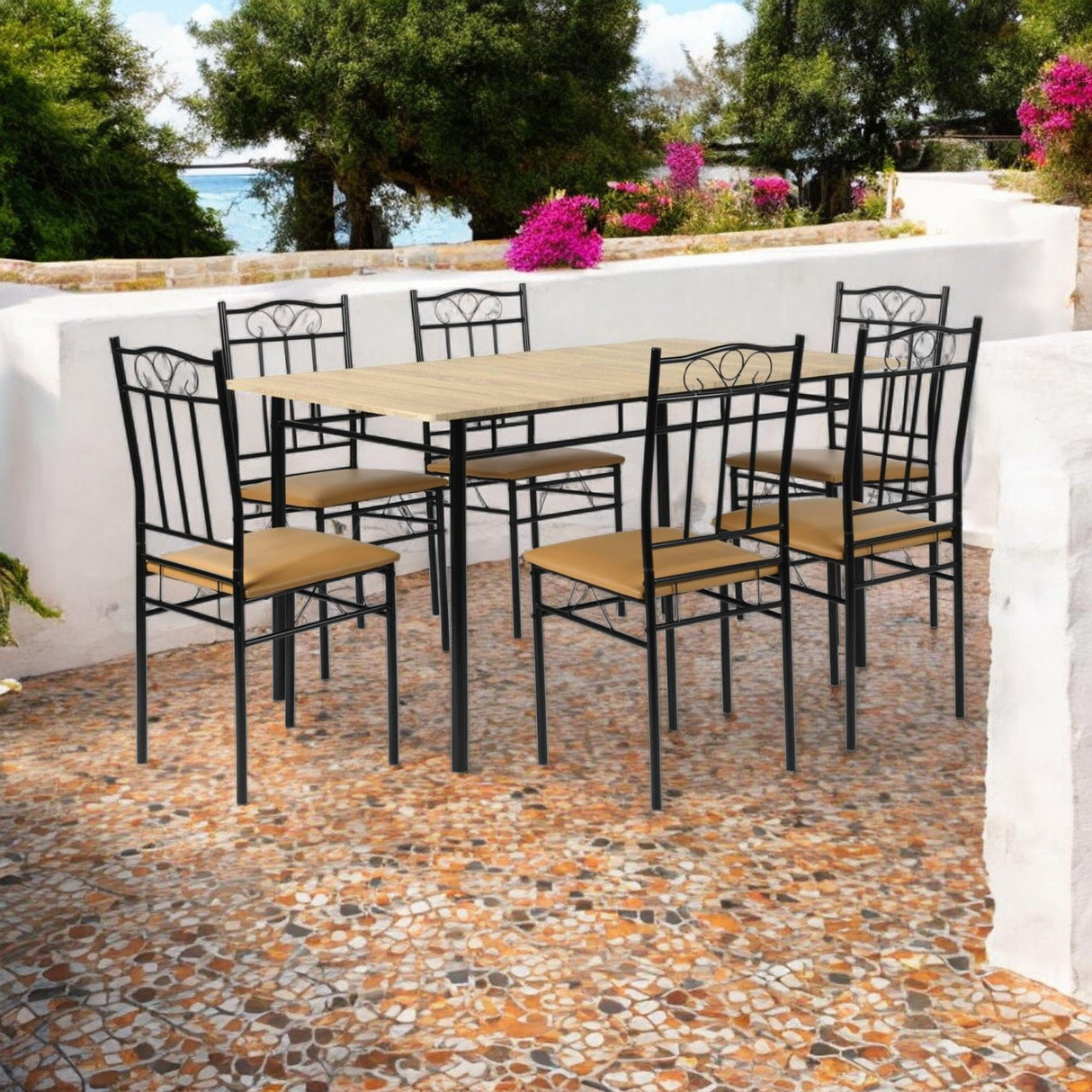 Homy Casa Outdoor Patio Dining Set, 7-Piece Table & Chairs, Wood Grain Top & Metal Frame, Ideal for Deck, Garden & Balcony Gatherings Homy Casa