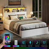 Yoobure Queen Bed Frame with Headboard - Farmhouse Wood Bed Frames Queen Size with 4 Storage Drawers, Platform Beds with Charging Station & LED Light, No Noise Double Bedframe, No Box Spring Needed Yoobure