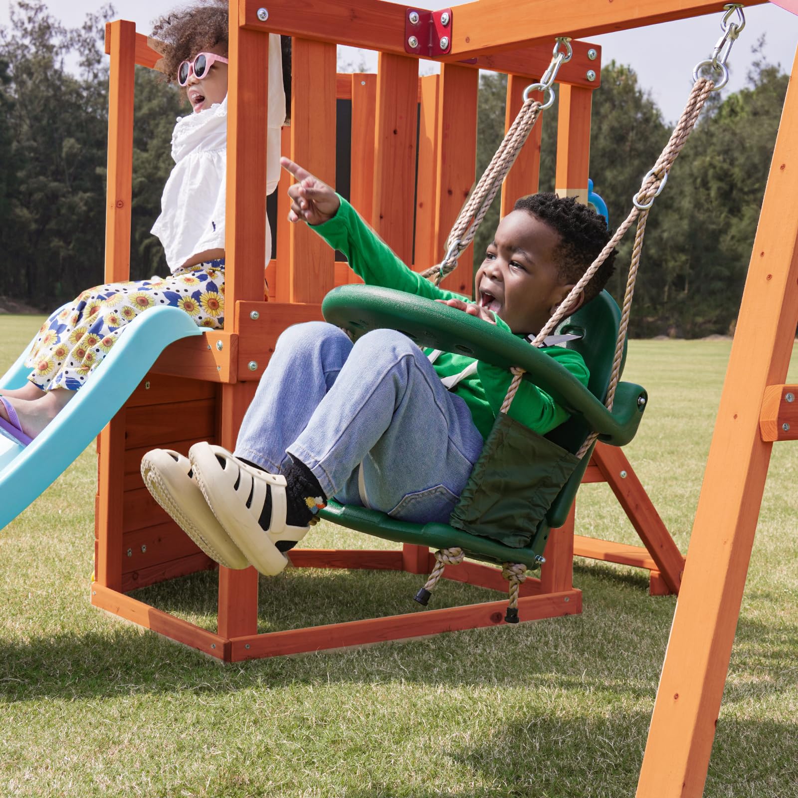 Dolphin Playground 5 in 1 Toddler Swing Sets for Backyard Toddler Outdoor Playset with Baby Swing Table Blackboard Kid Slide Rock Climbing Wall Playground Sets for Backyards Ages 18 mo to 4 yrs WoodAr...