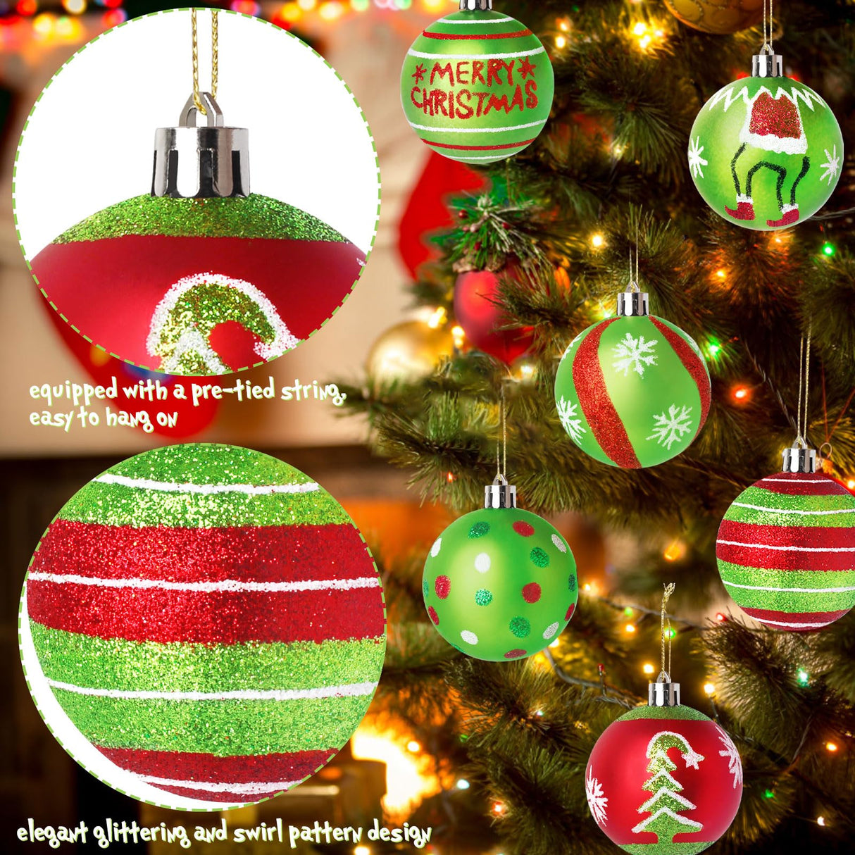 Wninbu 12 Pcs 2.4 Inch Christmas Ball Ornaments for Tree,Red and Green Glittering Hanging Bulbs Pendants for Christmas Tree Decorations Wninbu