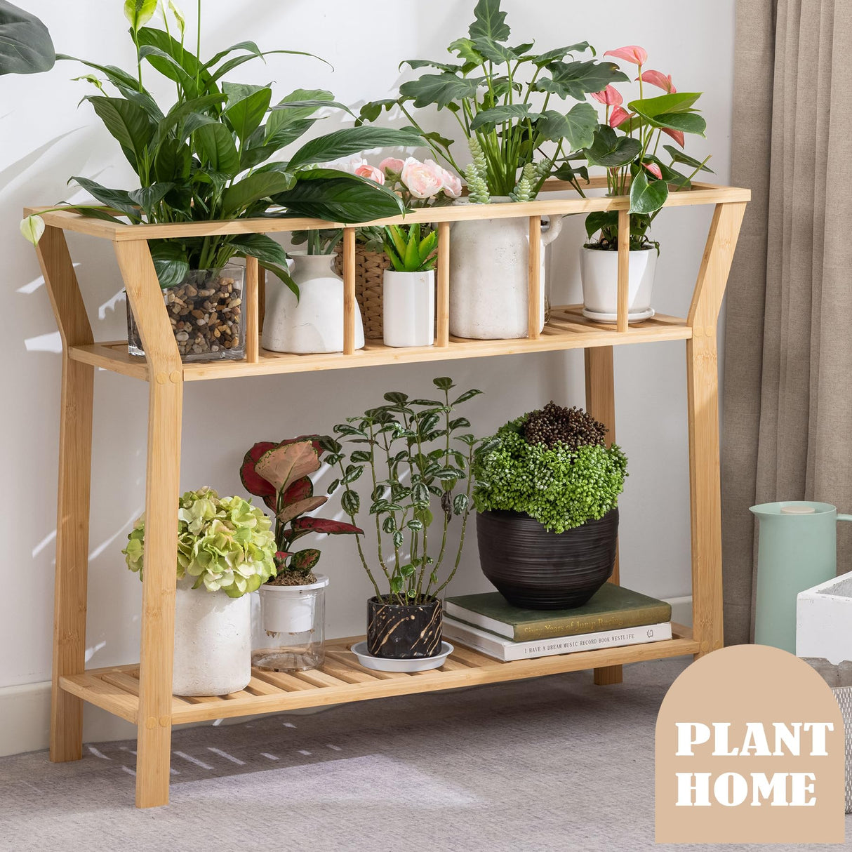 Nnewvante Plant Stand Indoor Bamboo Potted Plant Shelf Table 2 Tier Tall Window-sill Pot Organizer Holder, Sofa Side Entryway Table for Living Room 37.4"x11" Nnewvante