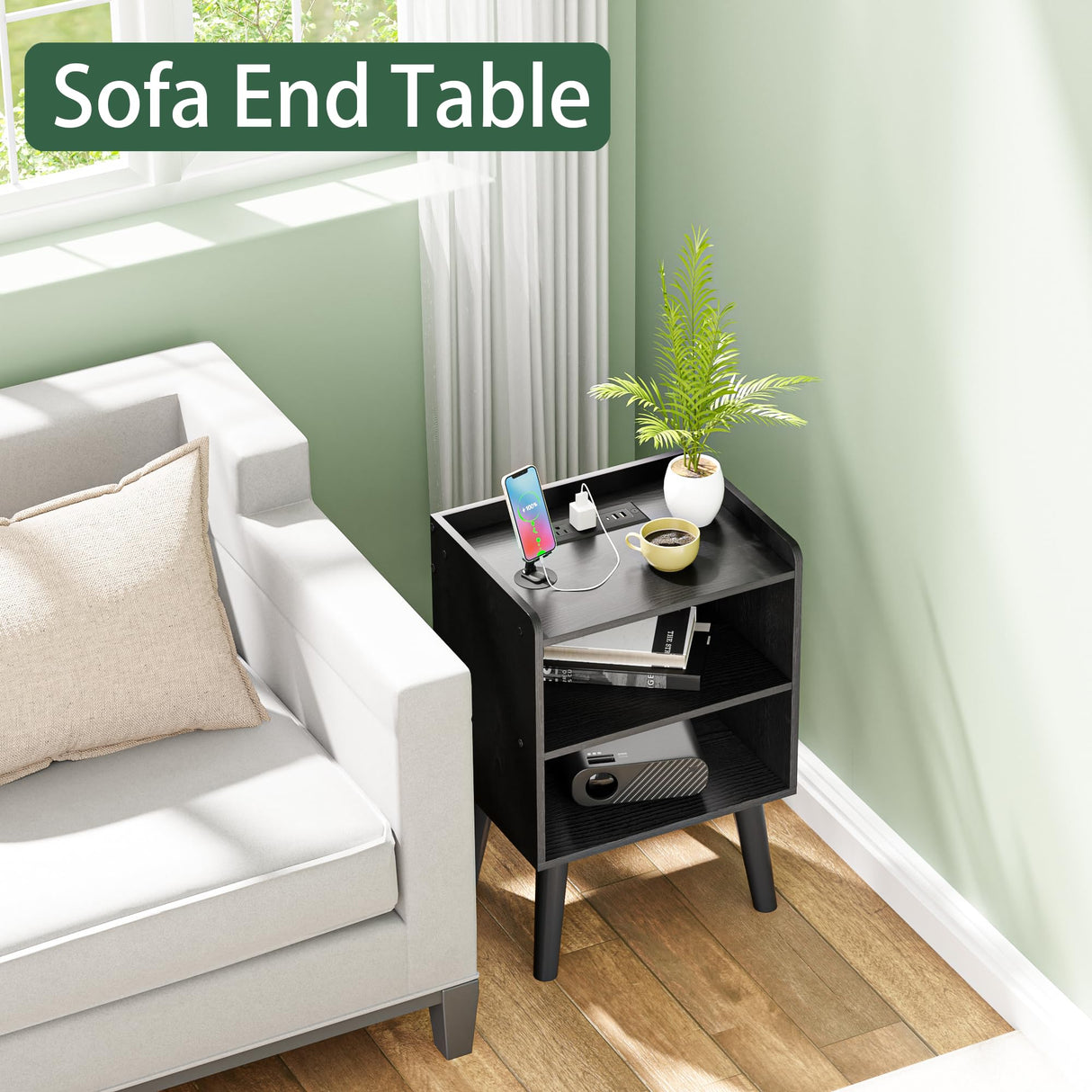 LAKEMID Night Stand with Charger Station, Bedside Table with LED Lights, Side Table with Fast USB-C Port, Nightstand with Solid Wood Feet, Small End Table for Bedroom, Living Room, Black LAKEMID