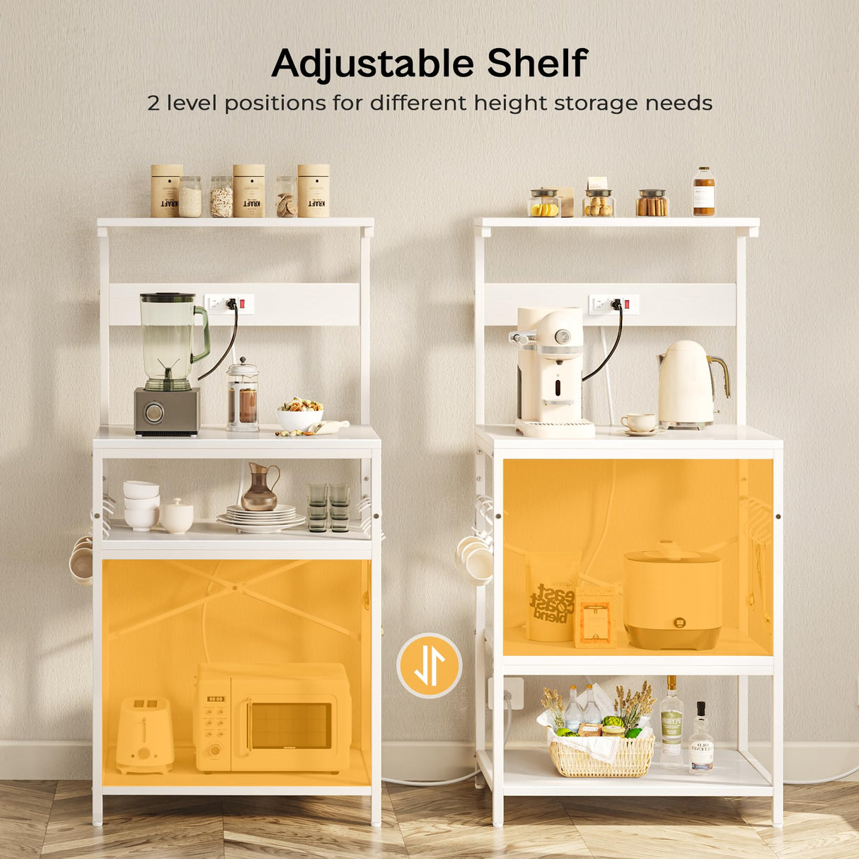 SUPERJARE Kitchen Bakers Rack with Power Outlet, Coffee Bar Table 4 Tiers, Microwave Stand with 6 S-Shaped Hooks, Storage Shelf Rack for Spices, Pots and Pans - White SUPERJARE