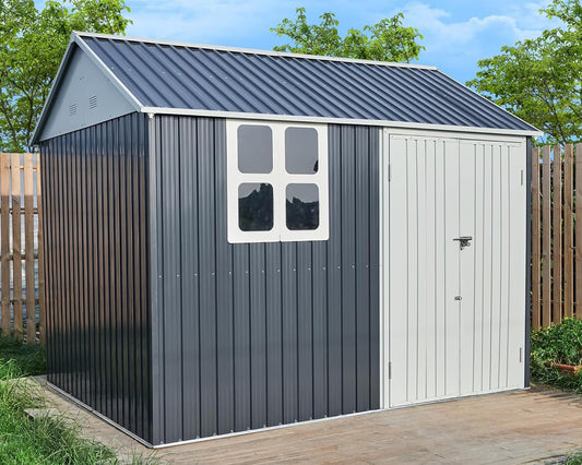 VanAcc 10x8x8 FT Shed 4-pane Window Nordic Cottage Storage Shed Outdoor Metal Garden House Double Hinged Lockable Doors for Backyard Garden Patio Lawn Dark Grey/White - WoodArtSupply