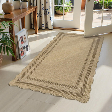 LIVEBOX Scalloped Easy Jute 3x5 Outdoor Rug, Washable Non-Slip Geometri Tan Rugs for Entryway, Indoor Outdoor Farmhouse Rug Morden Carpet Door Mat Area Rug for Bedroom Living Room Kitchen LIVEBOX
