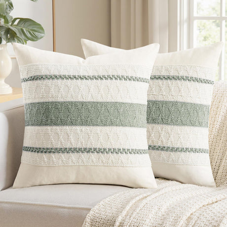 Woaboy Set of 2 Decorative Pillow Covers Boho Farmhouse Couch Throw Pillows Modern Cotton Cushion Covers Macrame Woven Spring Home Decor for Bed Sofa Chair 18x18 Inch Sage Green Woaboy