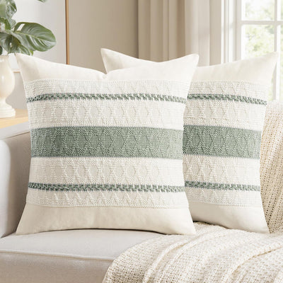 Woaboy Set of 2 Decorative Pillow Covers Boho Farmhouse Couch Throw Pillows Modern Cotton Cushion Covers Macrame Woven Spring Home Decor for Bed Sofa Chair 18x18 Inch Sage Green
