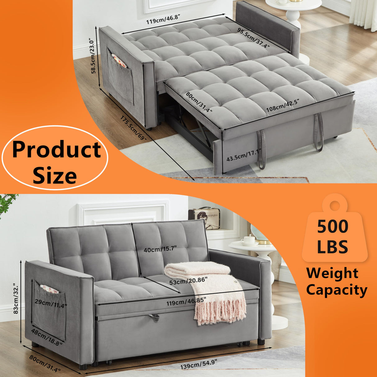Gexpusm 3 in 1 Convertible Sleeper Sofa Bed, Modern Velvet Futon Couch Pullout Bed, Love Seat Lounge Sofa w/Reclining Backrest, Pockets, Grey Gexpusm