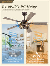 Farmhouse Ceiling Fans with Light, 48 Inch Bedroom Ceiling Fan with Lights, 6-Speed Adjustable, Quiet and Reversible DC Motor, 5 Dual Finish Blades, Rustic Caged Ceiling Fan，Oil Bronze Fanbulous