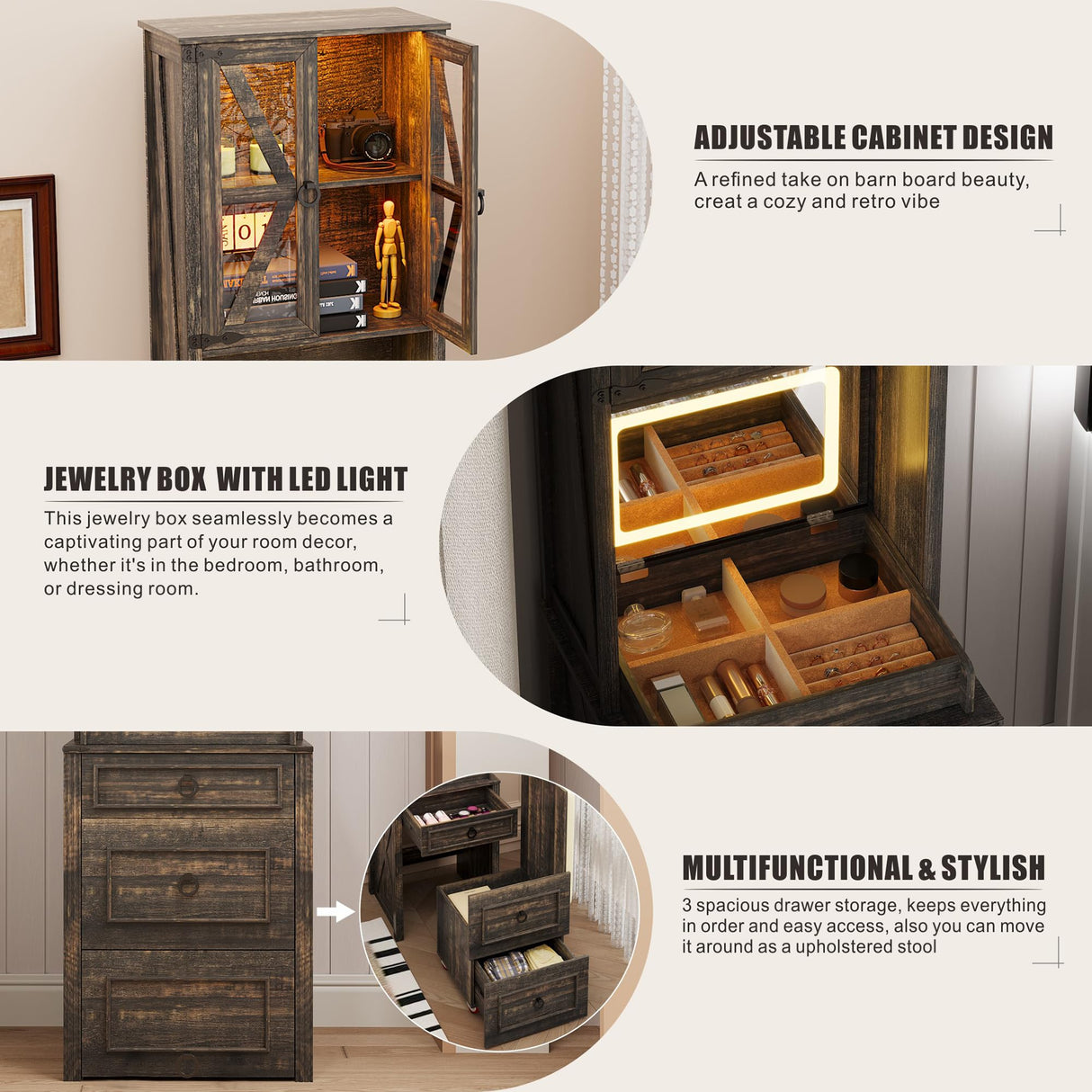 FREDEES Vanity Desk with Mirror,Small Makeup Vanity Set with Customizable Lighting,Compact Makeup Vanity Desk with Hidden Storage and Comfortable Stool,Dressing Table for Bedroom,Brown FREDEES