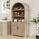 71" Tall Arched Bookcase with Storage, 5 Tier Mid-Century Modern Arched Cabinet with Doors, Farmhouse Wood Kitchen Pantry Cabinet with Open Adjustable Shelves, Bookshelf for Living Dining Room Sunny Heart