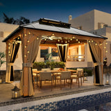 YOLENY 11'x 13' Hardtop Gazebo, Wood Outdoor Gazebo, Polycarbonate Double Roof, Netting and Curtains, Patio Gazebo for Decks, Backyards, Lawns and Gardens YOLENY