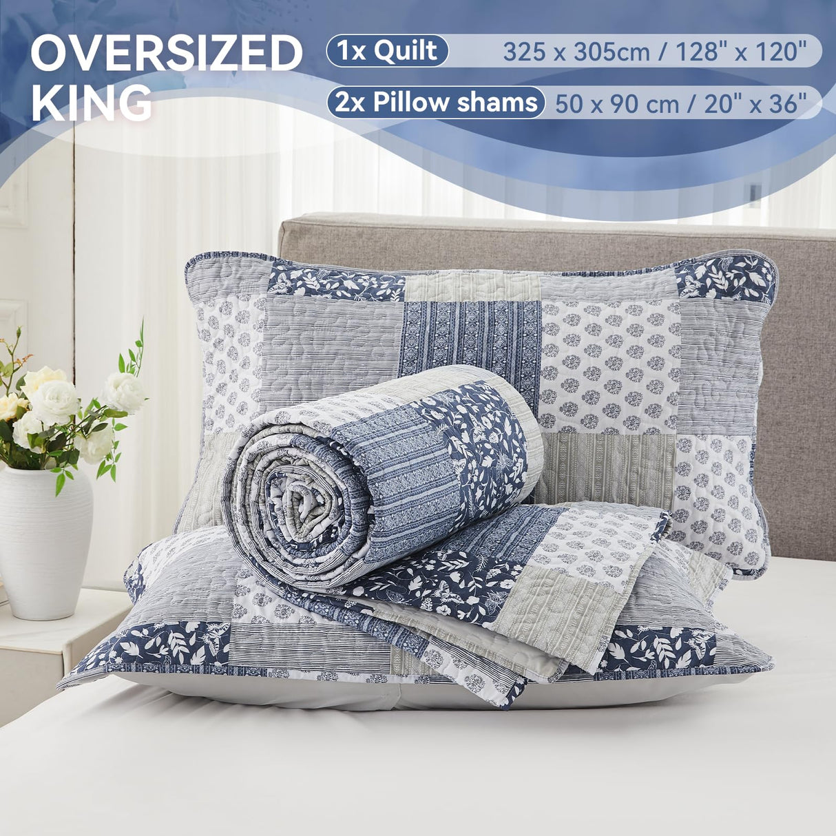Navy Blue Gray Oversized King Bedspread Set 128x120 Extra Wide, 3 Piece Quilt Set Patchwork Plaid Bedding Set Quilted Bedspread Coverlet Set Reversible Lightweight Microfiber Bed Cover Comforter Set Cozyholy