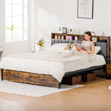 COMHOMA Platform Bed Frame with LED Lights and Charging Station, Storage Headboard and Footboard Drawers, No Box Spring Needed, Rustic Wood Look (King (U.S. Standard)) COMHOMA