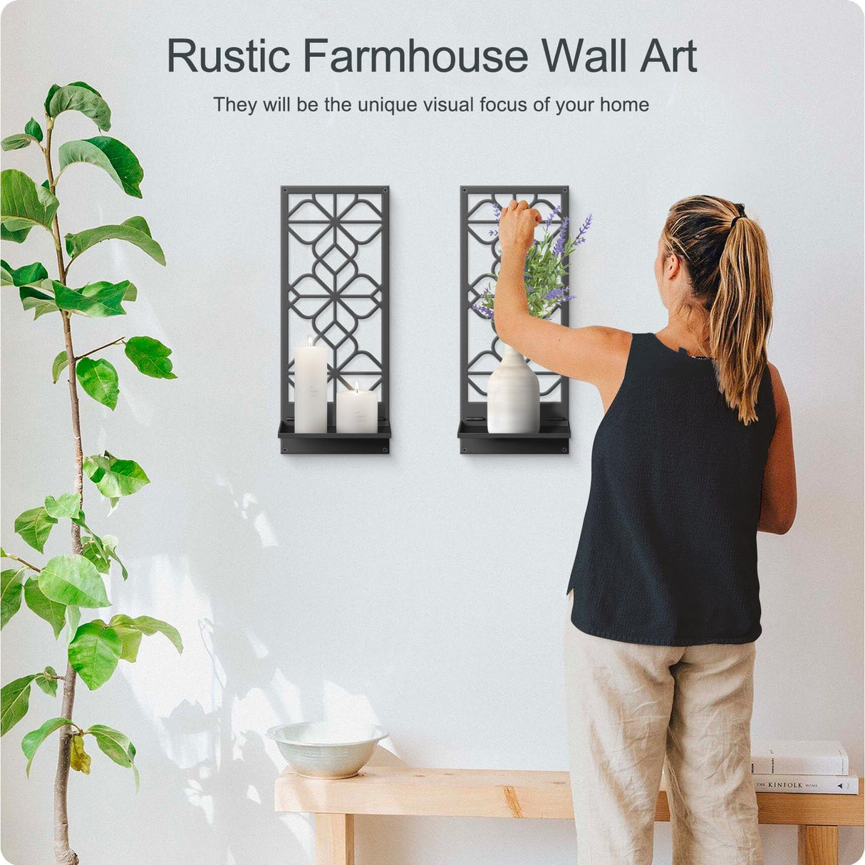Black Metal Wall Decor, Minimalist Retro Wall Art, Wall Candle Holder, Farmhouse Rustic Bathroom Wall Art, Aesthetics Wall Hanging for Living Room Bedroom Bathroom (2 Pack, 16.5 x 7 in) Sokurdeg